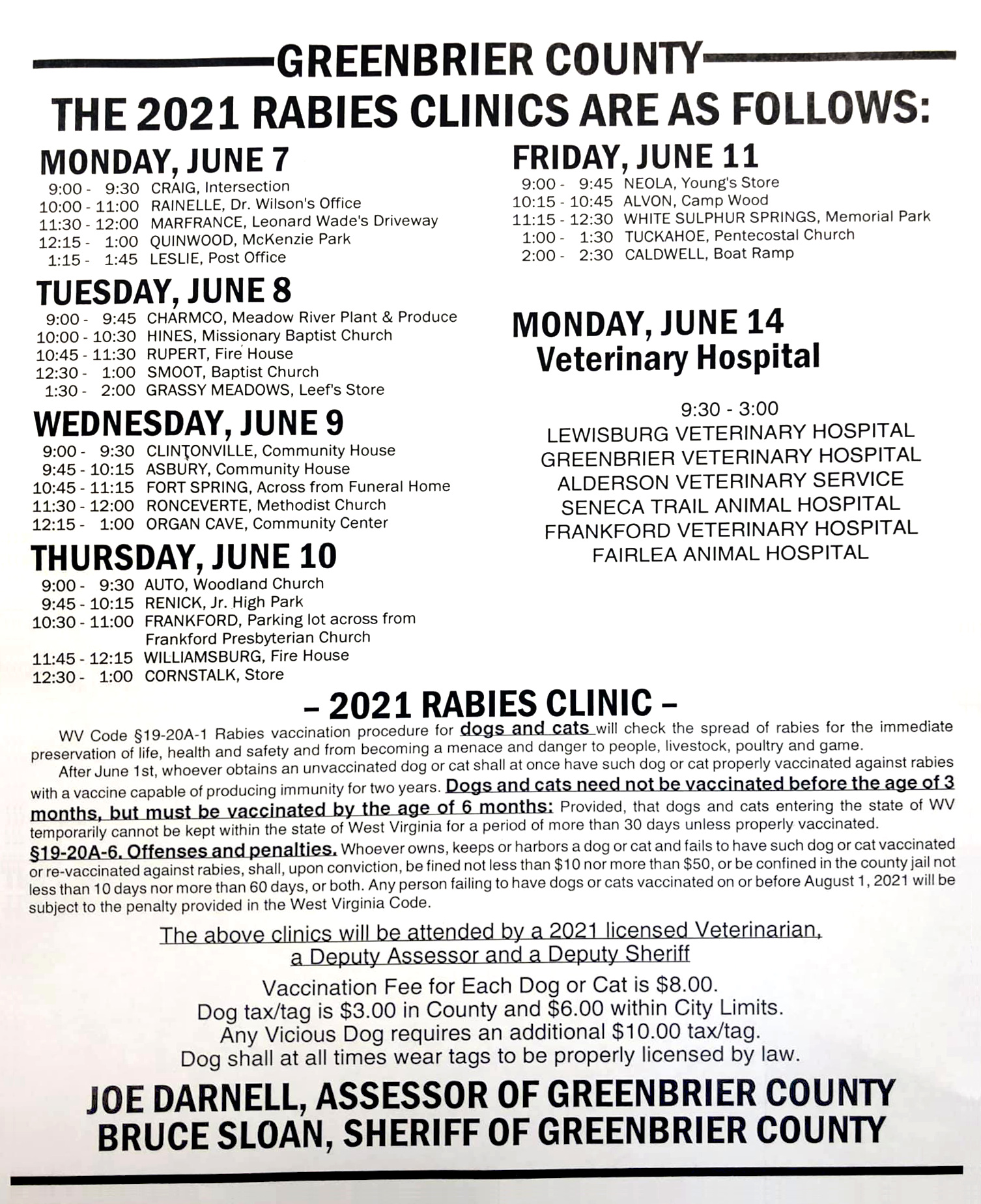Greenbrier County WV Rabies Clinic 2021
